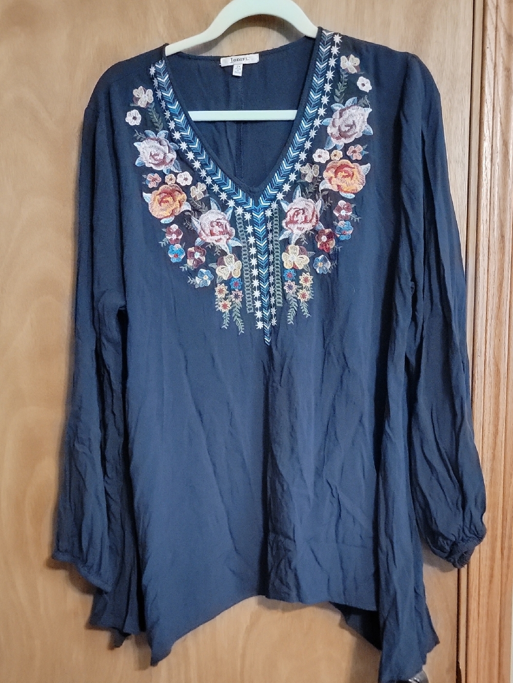 JODIFL Navy V-Neck Tunic with Multicolor Floral Embroidery